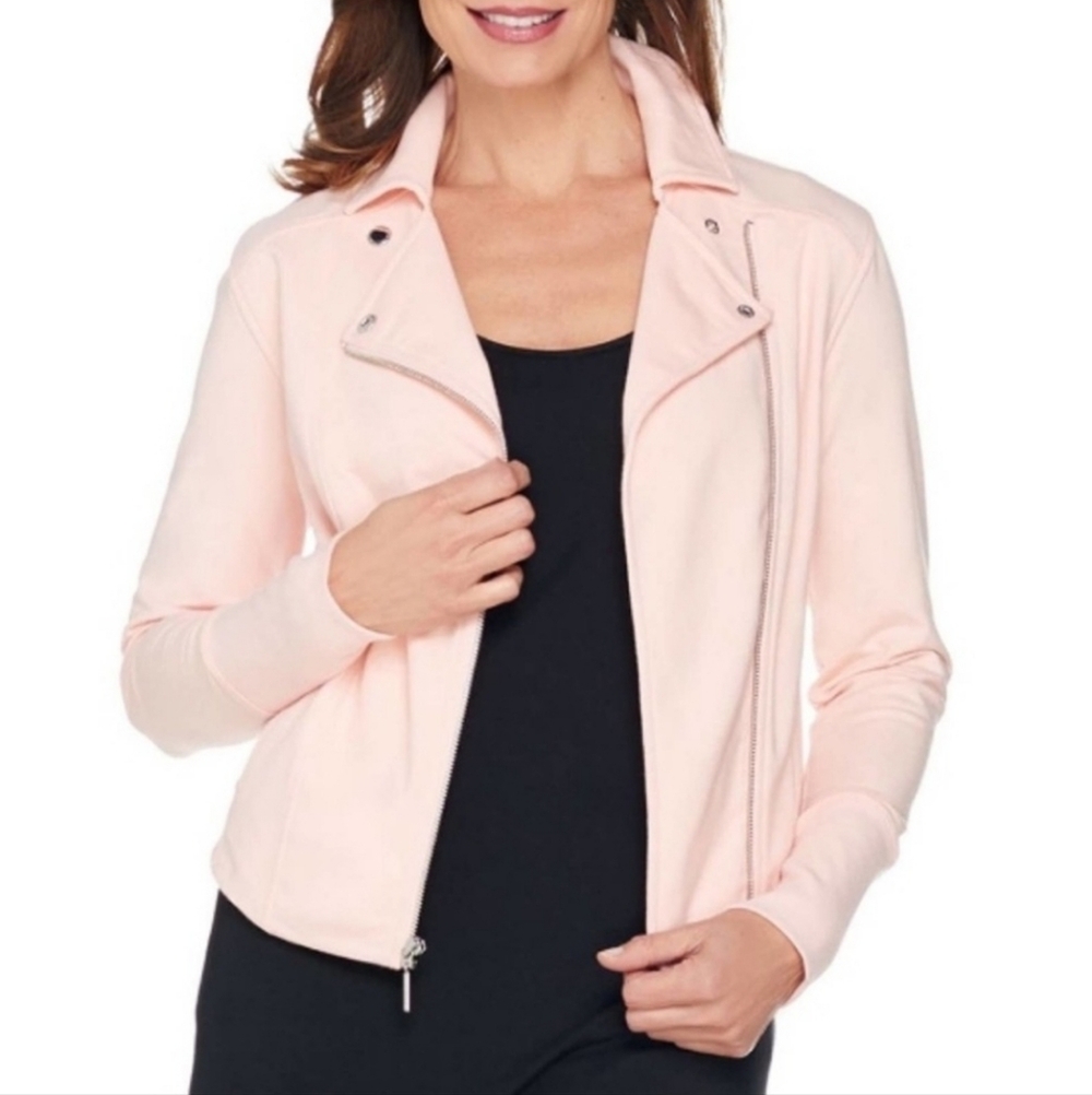 H by Halston Pink Motorcycle Jacket Size 14 Utility Knit Coat Zip Front Moto